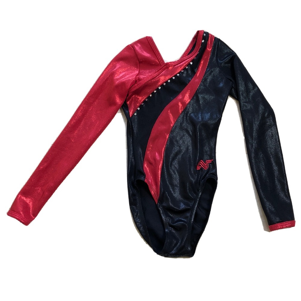 ALPHA FACTOR Red I Black Rhinestone Long Sleeve Competition ? Leotard I Sz CME
